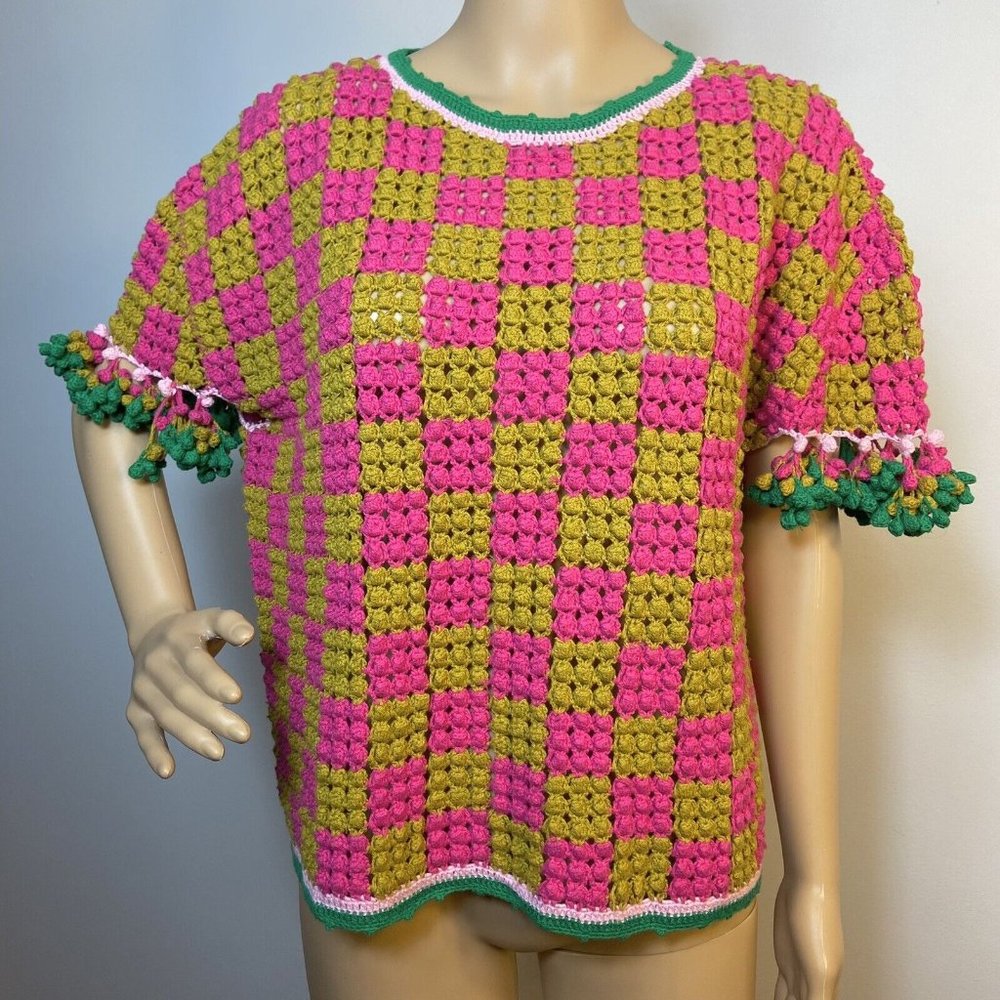 Happy Sheep Crochet Top Pom Pom Trim Sz XS Oversized Square Yellow Pink 60s 70s